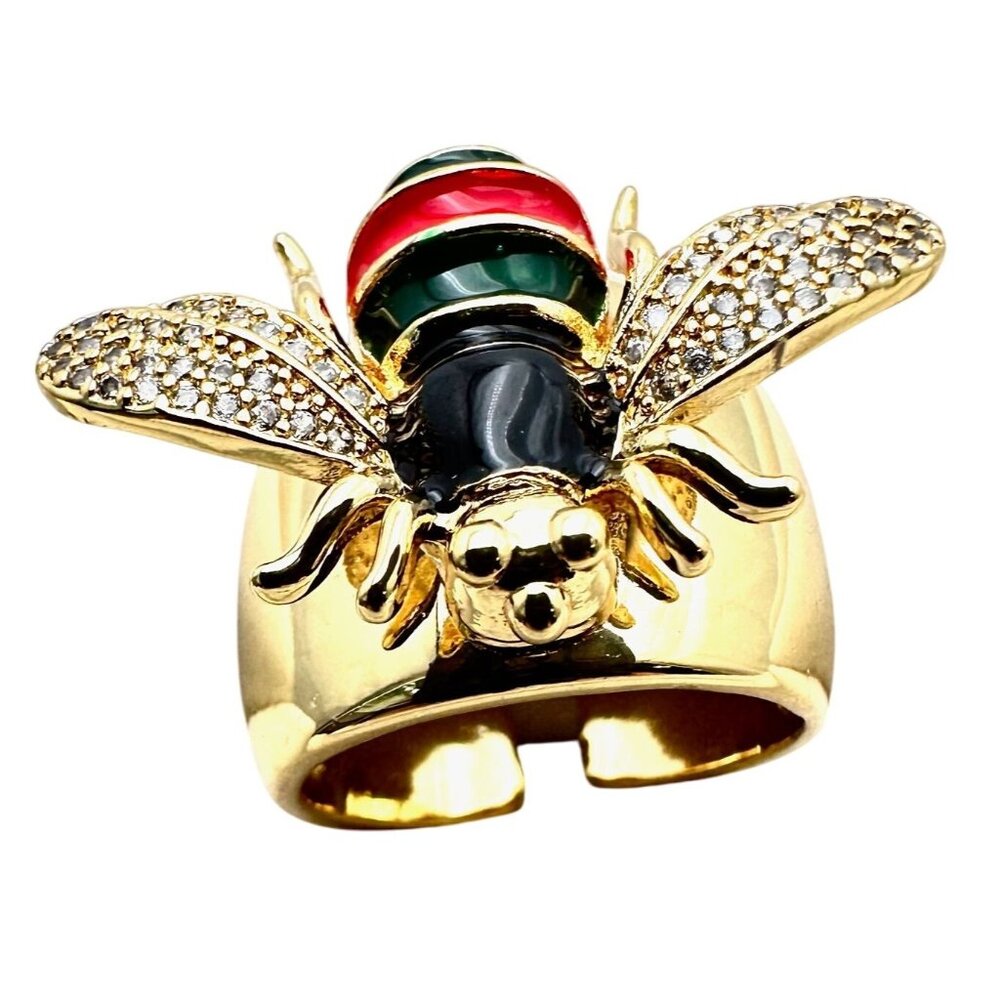 Bee Ring Black Red Green Enamel Clear Crystal 18K Gold Plated Adjustable Size
